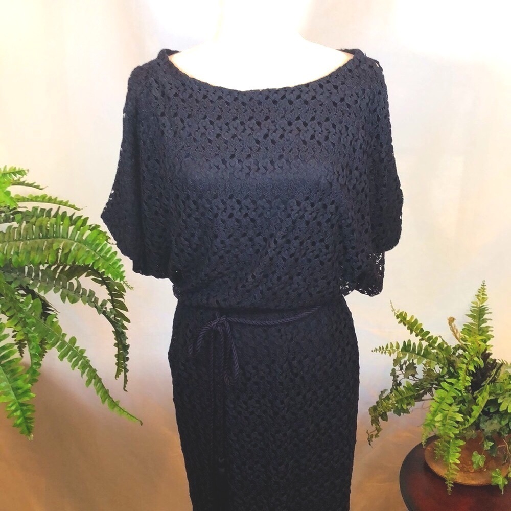 Jessica Howard Navy Blue Crochet Lace Dress Bateau Neckline Women’s Size 6